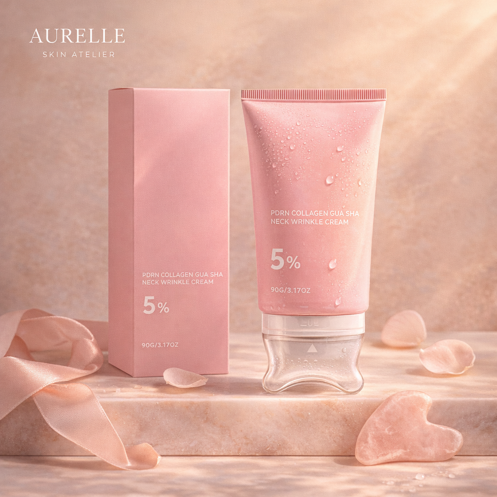 Aurelle collagen neck cream on marble with rose petals