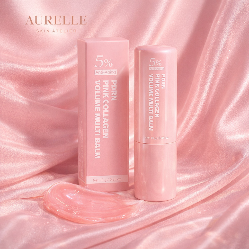 Aurelle collagen plumping lip balm with glossy pink swatch