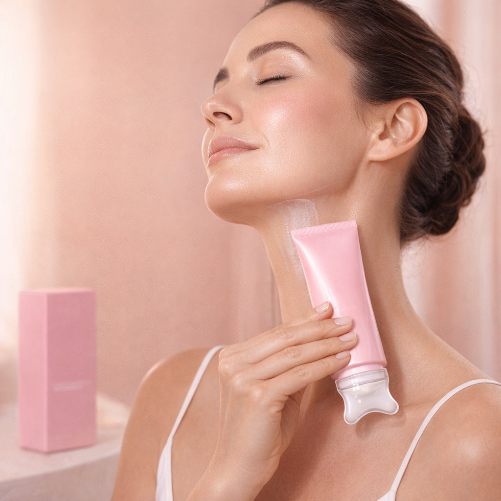 Woman smoothing Aurelle collagen neck cream along the neckline