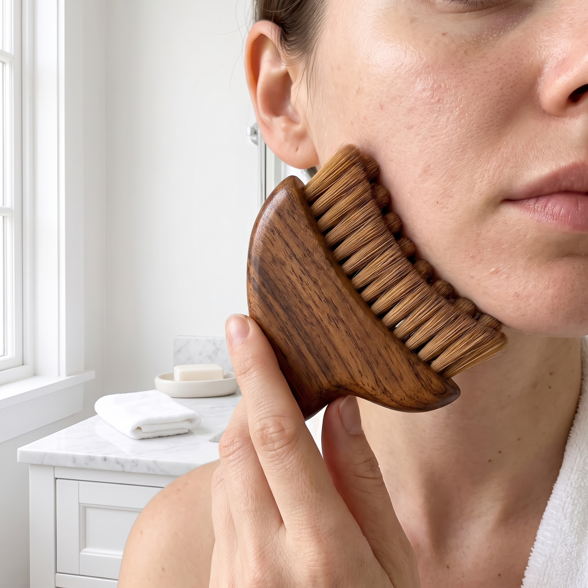 Person using the facial brush along the cheek
