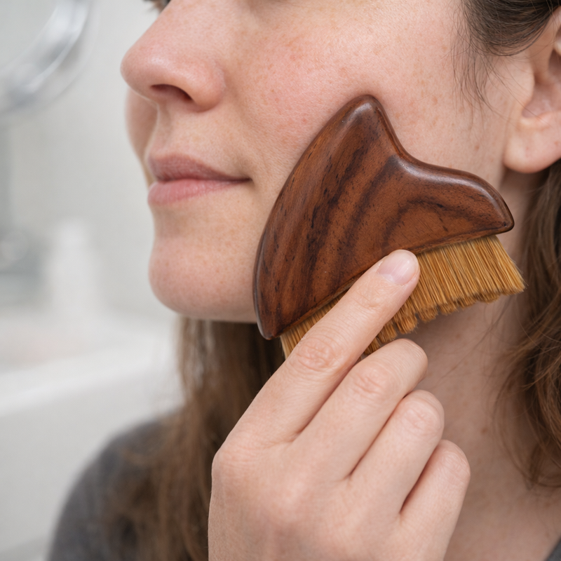 Woman using the Aurelle Facial Massage Brush with light upward strokes along her cheek and jaw