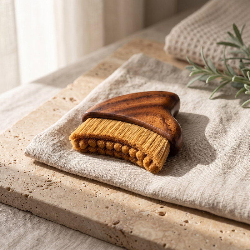 Aurelle Facial Massage Brush resting on a warm neutral surface in soft daylight