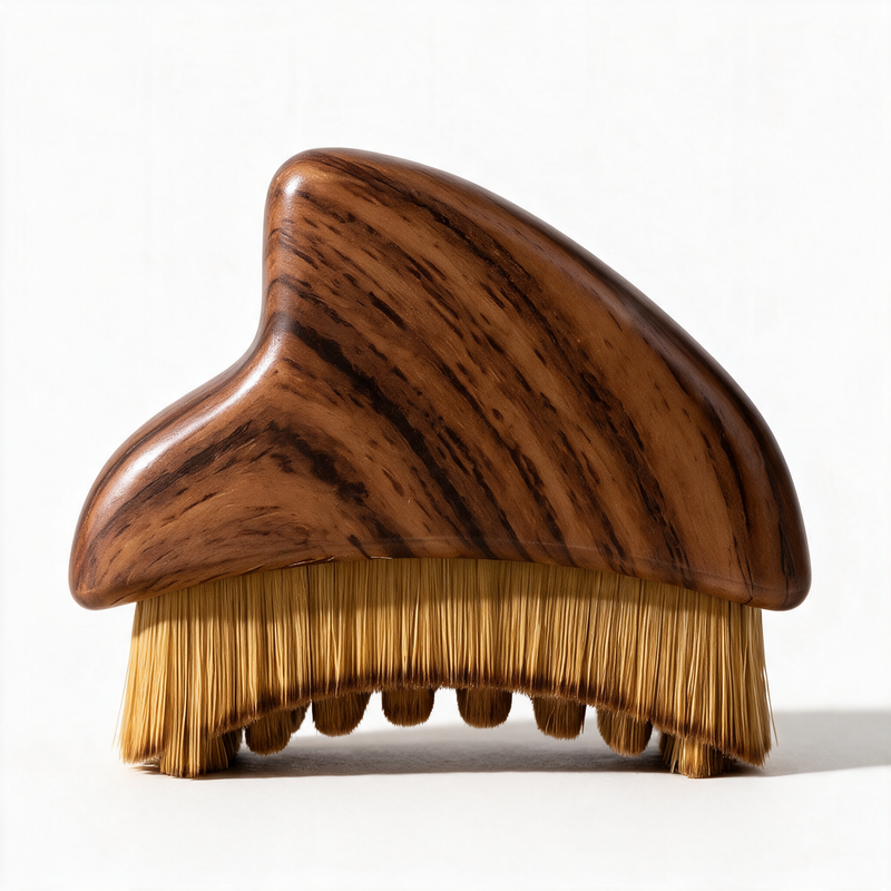 Close-up of the Aurelle Facial Massage Brush soft bristles and wood-look handle